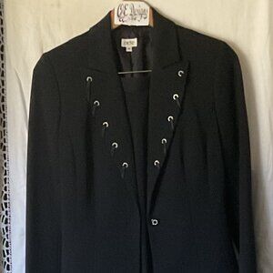 Vintage Cache Black pant suit with rhinestone grommet collar and lace up pants